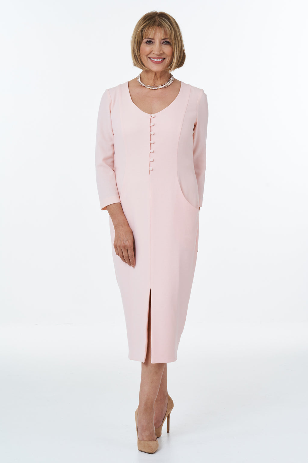 Occasion Wear - Long Sleeved Elegant V-Neck Dress in Pink