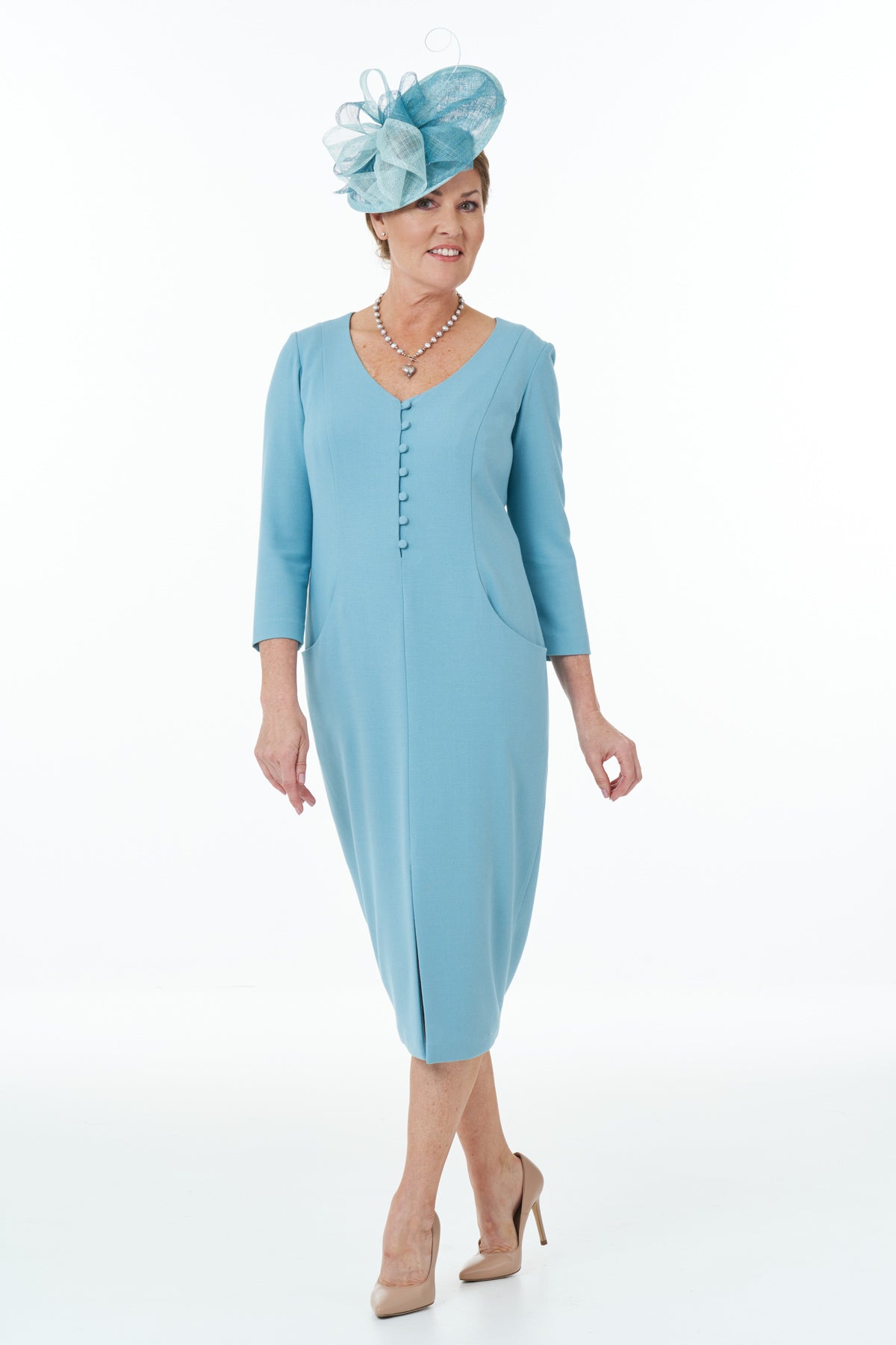 Occasion Wear Long Sleeved Elegant V-Neck Dress in Duck Egg