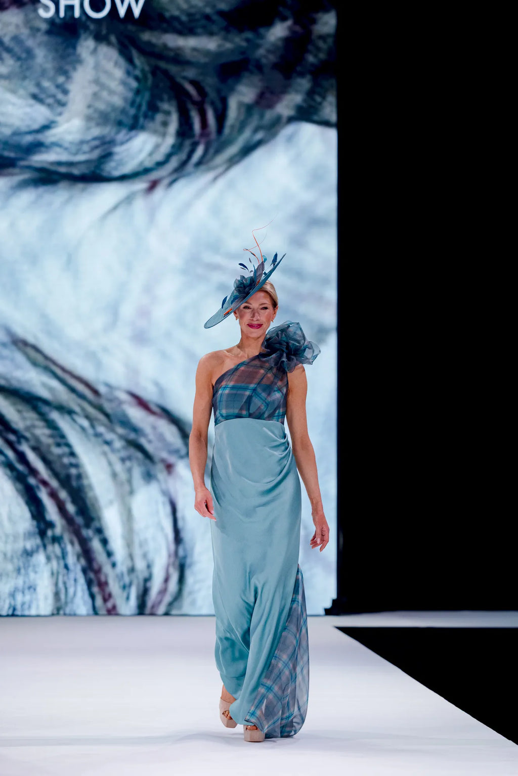 Empire line satin dress with Tartan Organza bodice and godet