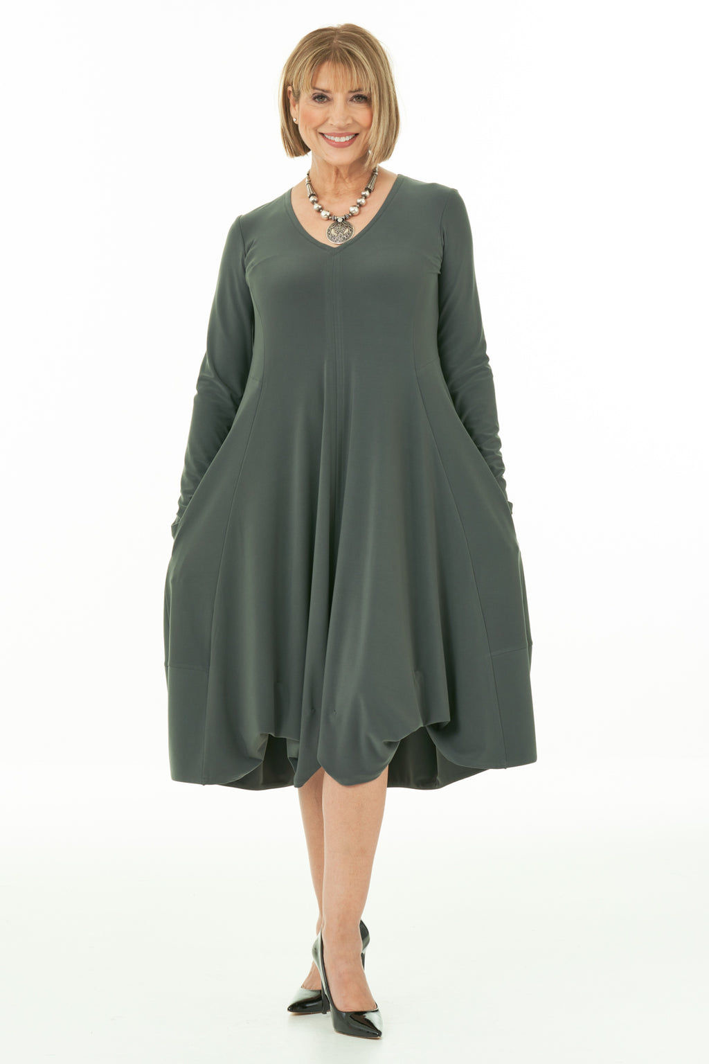 Casual Chic - Long Sleeve Knit Bubble Dress in Olive