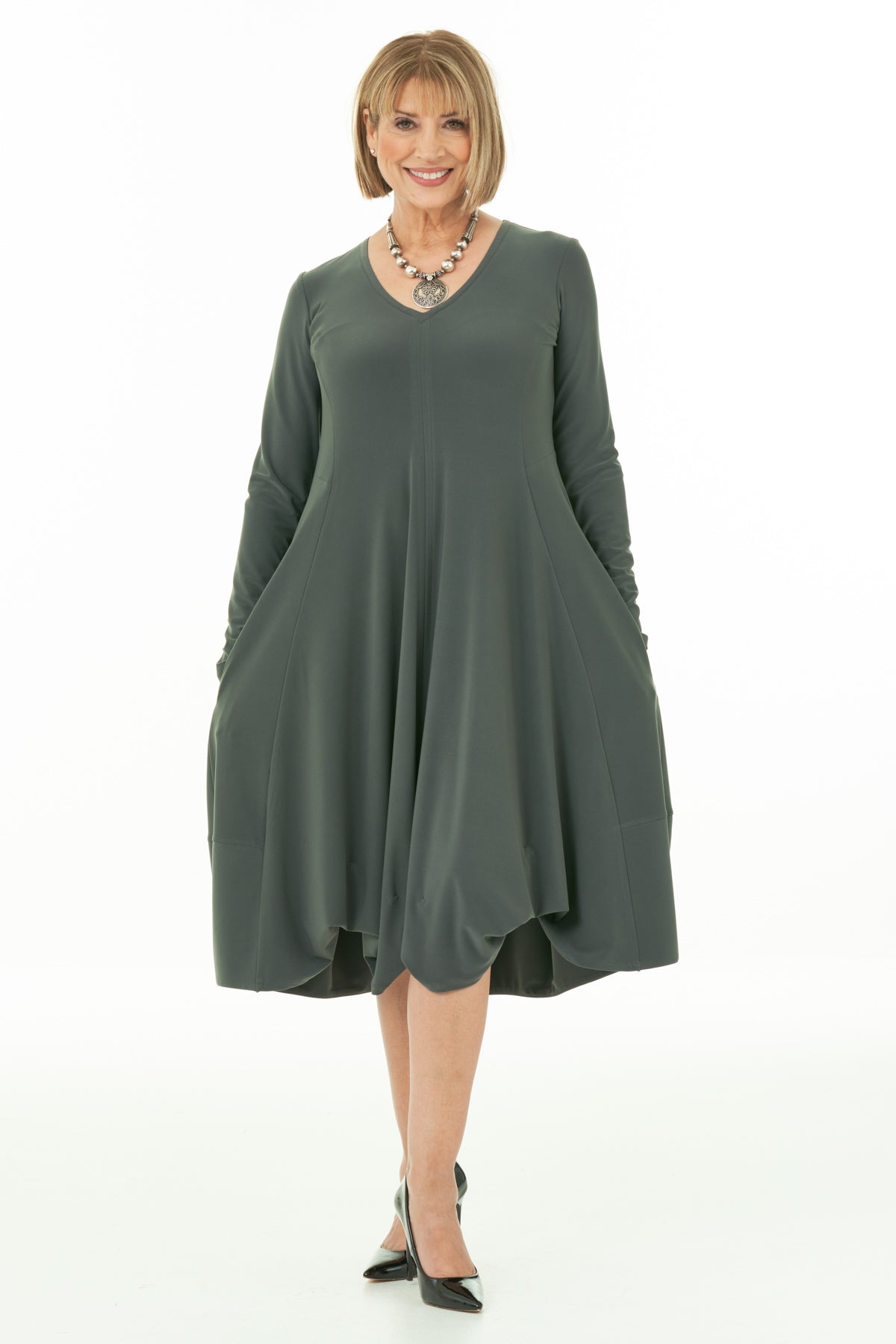 Casual Chic - Long Sleeve Knit Bubble Dress in Olive