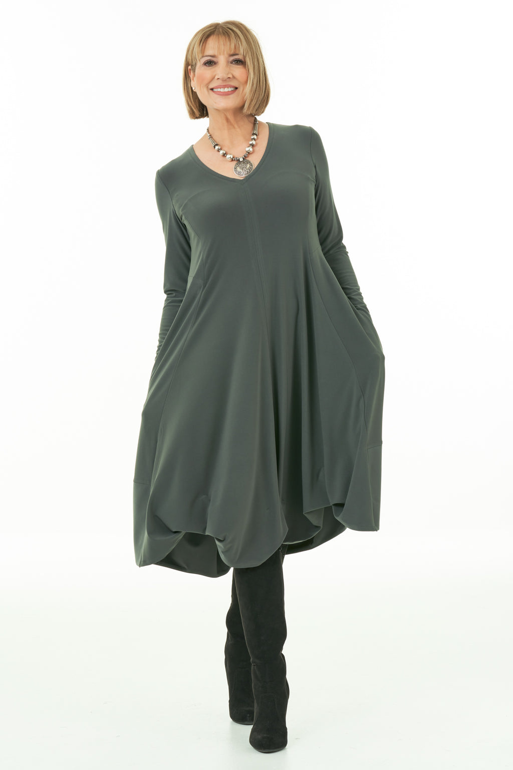 Casual Chic - Long Sleeve Knit Bubble Dress in Olive