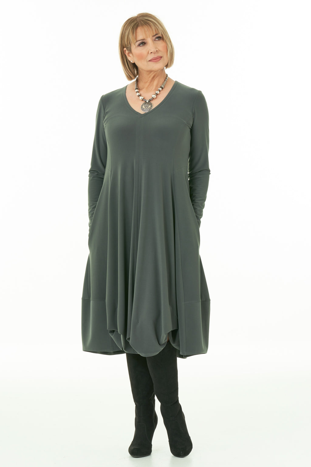 Casual Chic - Long Sleeve Knit Bubble Dress in Olive