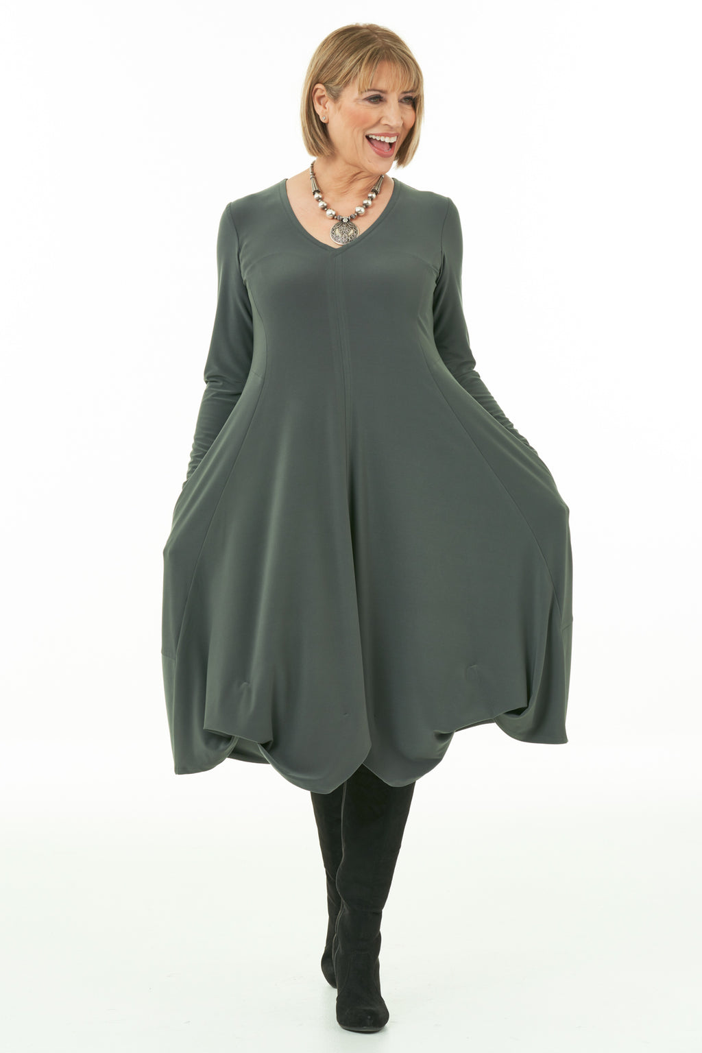 Long Sleeve Knit Bubble Dress in Olive