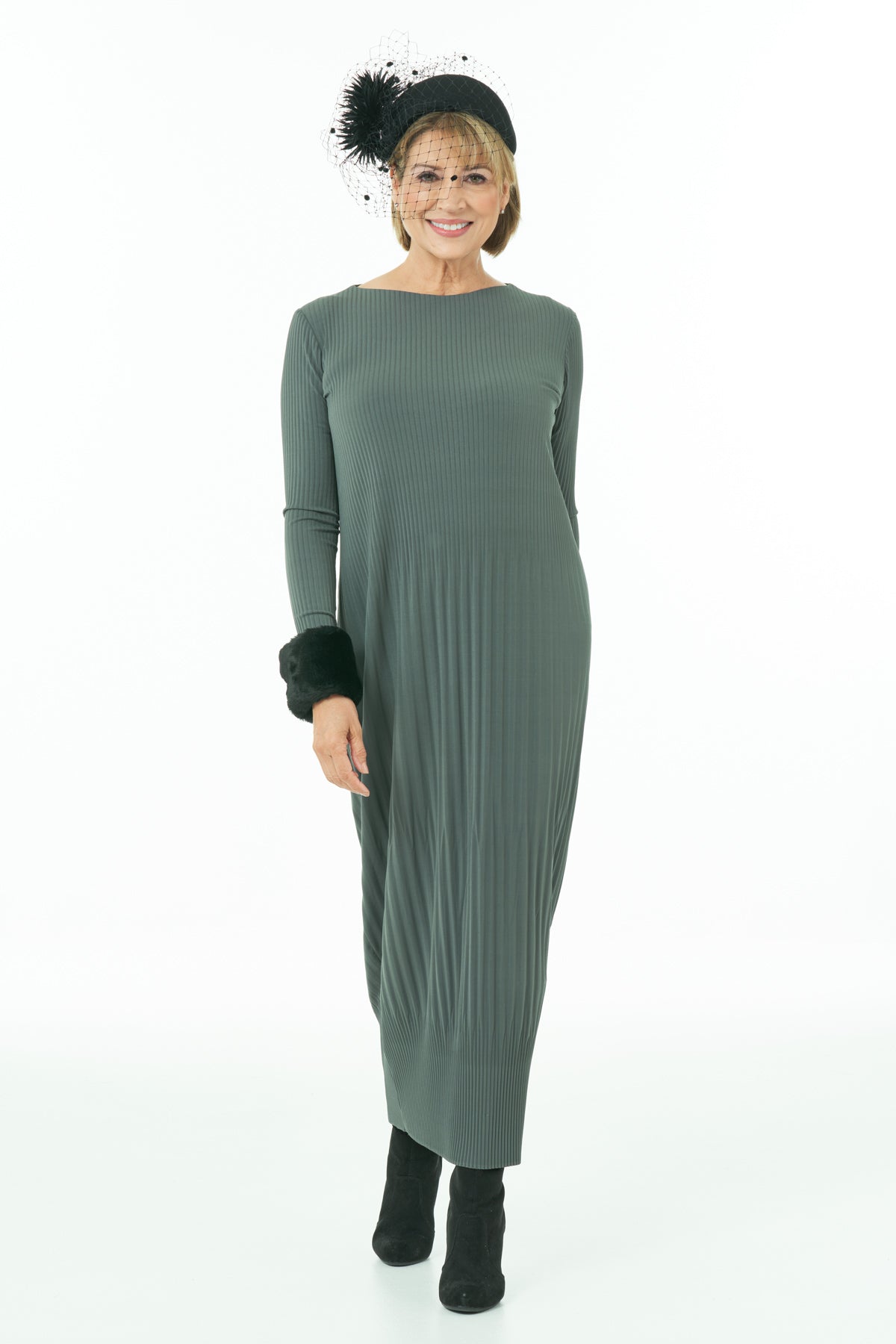 Long Sleeved Pleated Knit Dress in Olive