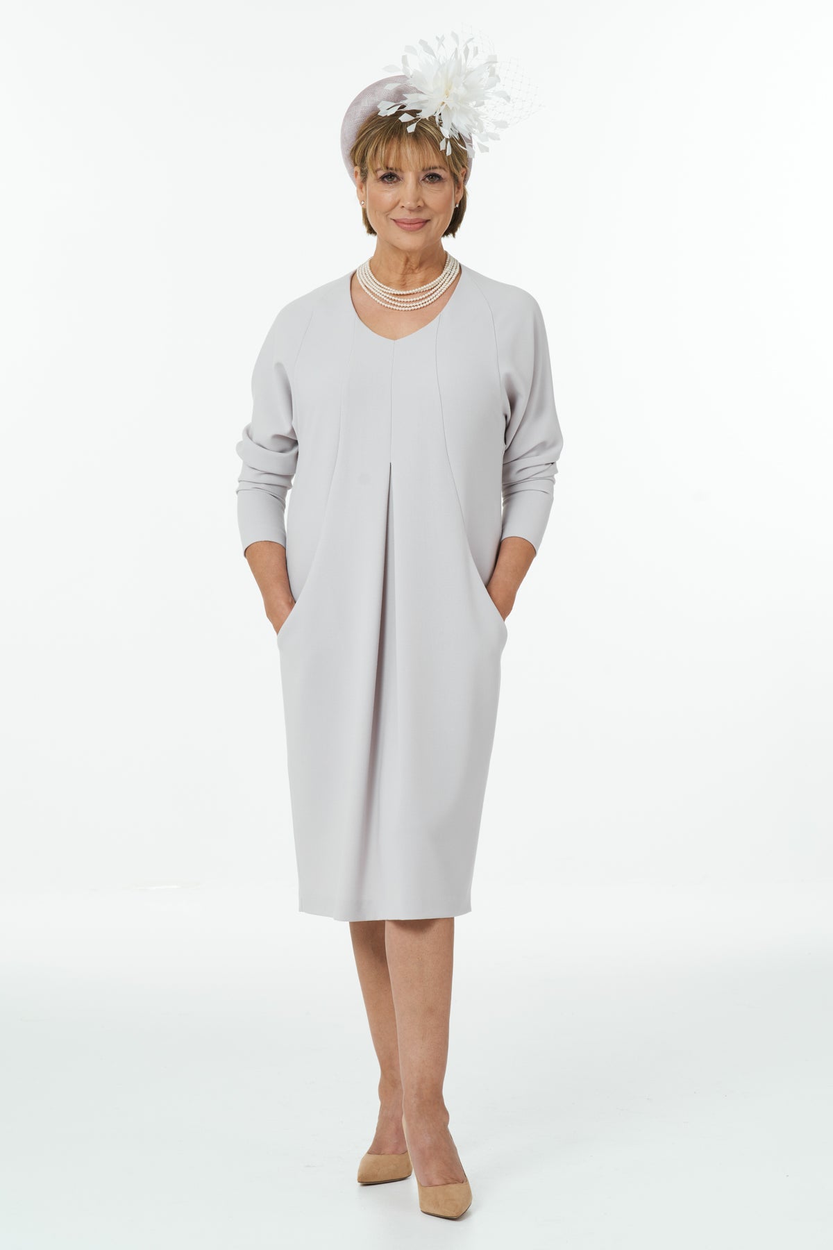 V-Neck Dolman Sleeve Short Dress with Deep Pockets in Pebble