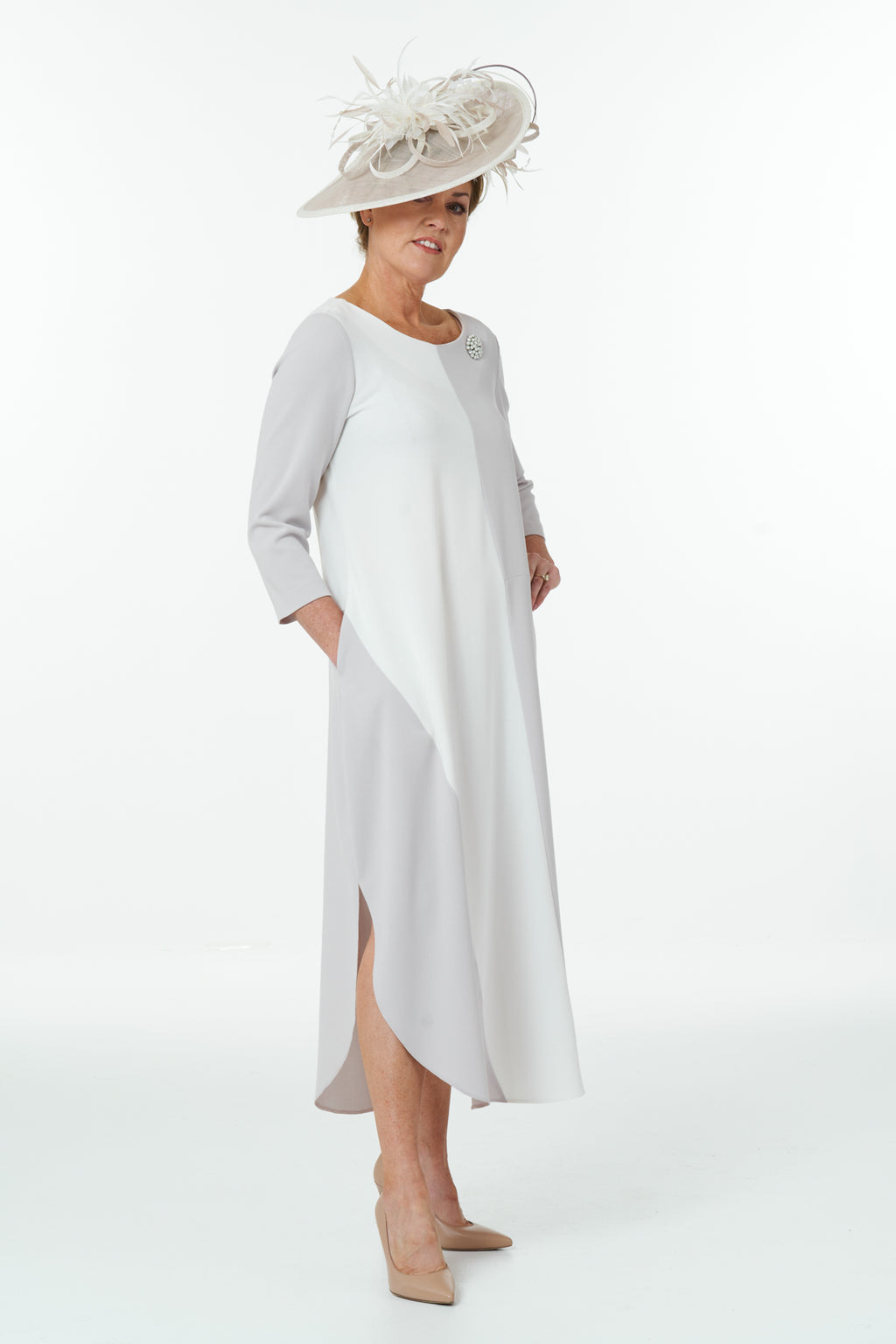 Occasion Wear - Colour Block Dress in Pebble and Ivory
