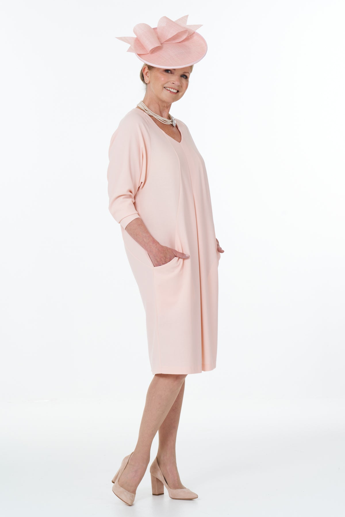 Occasion Wear - V-Neck Dolman Sleeve Short Dress with Deep Pockets in Pink