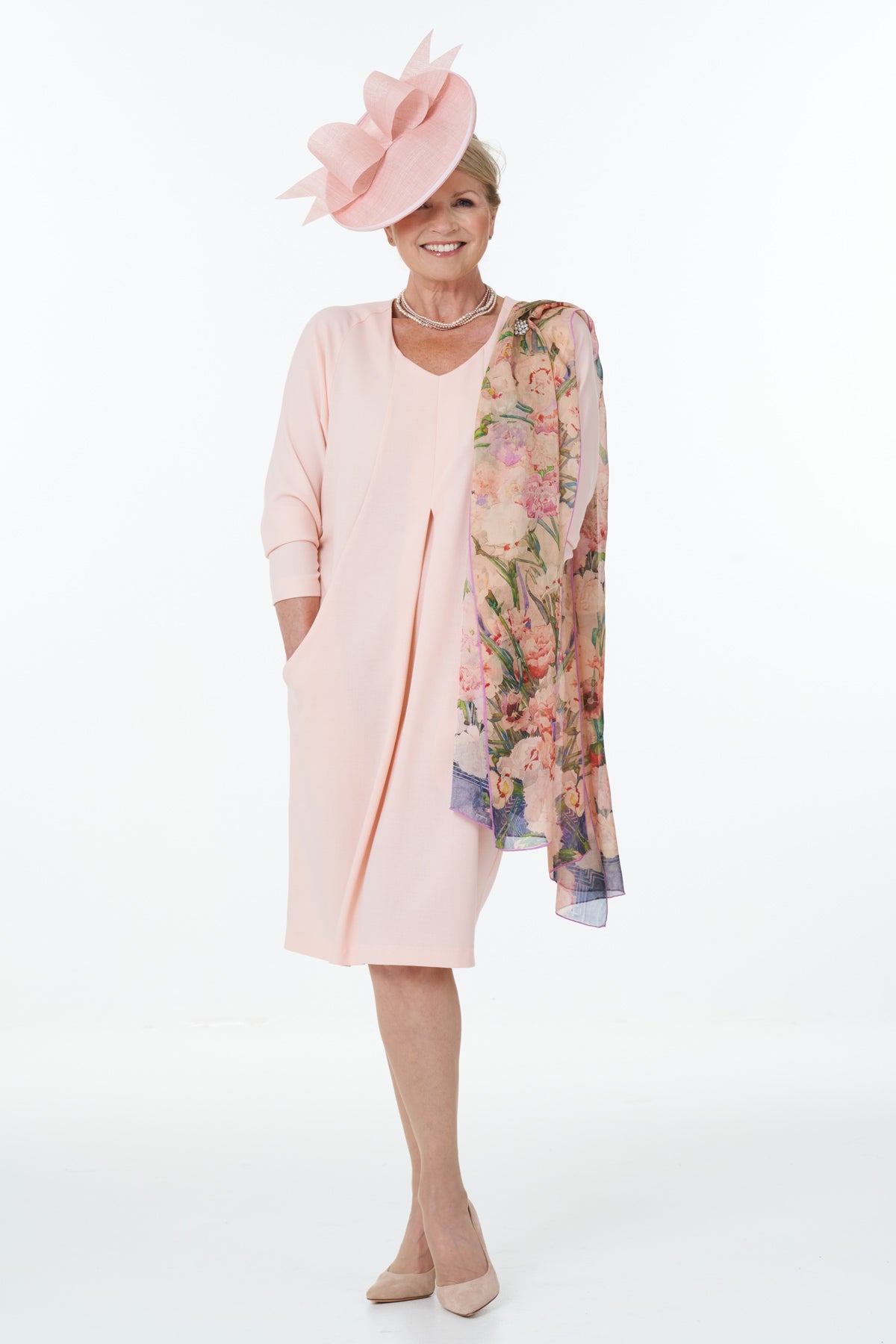 Occasion Wear - V-Neck Dolman Sleeve Short Dress with Deep Pockets in Pink