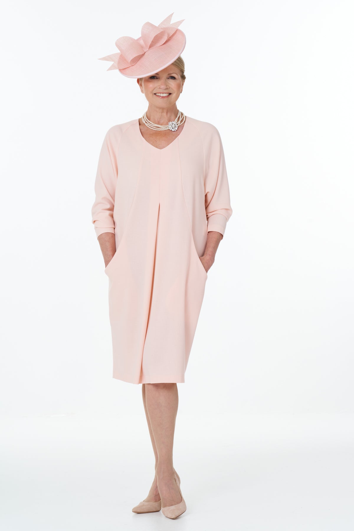 V-Neck Dolman Sleeve Short Dress with Deep Pockets in Pink