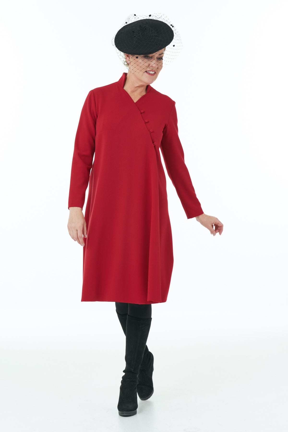 Casual Chic - Short length Stand Collar Wrap Dress in Red