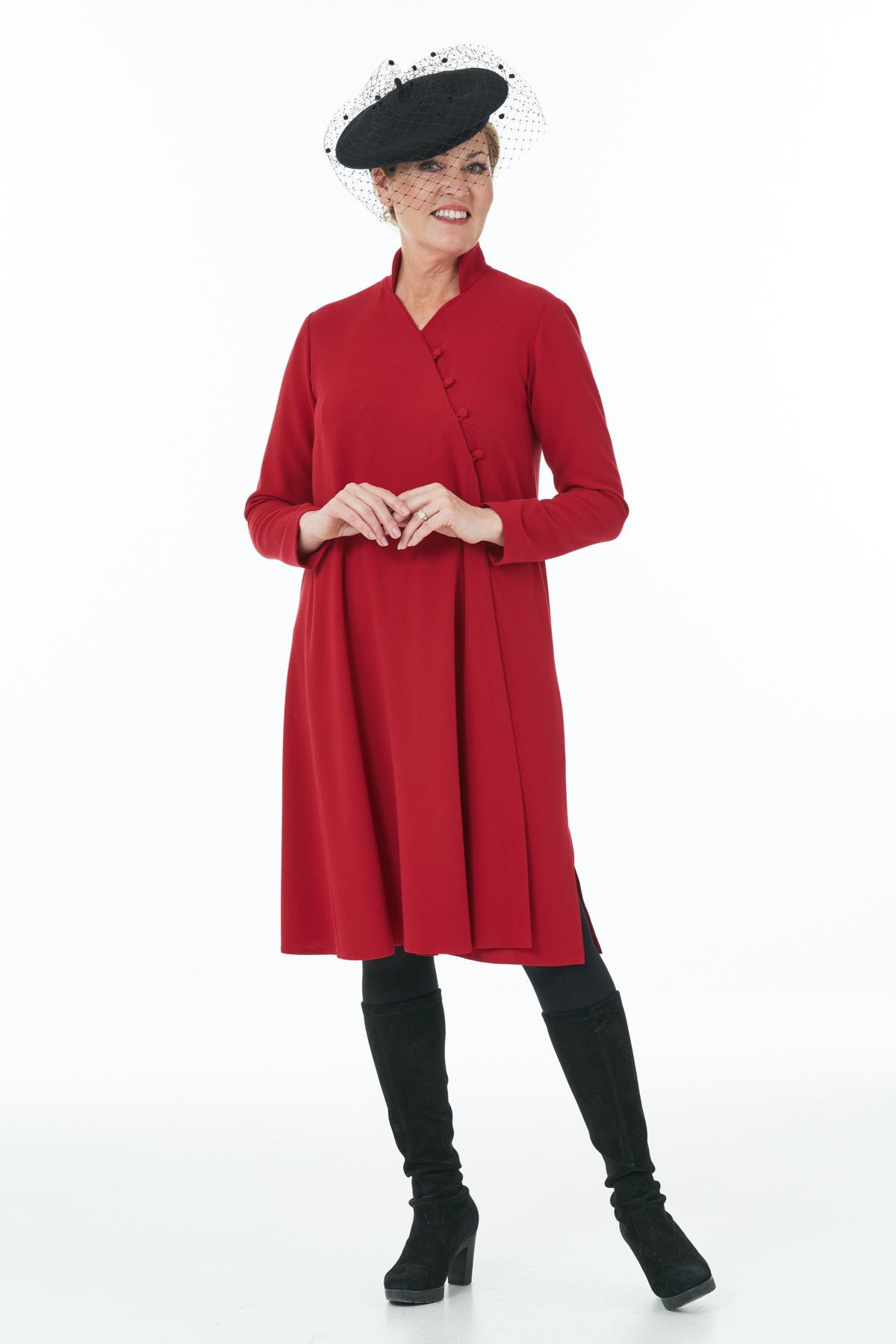 Short length Stand Collar Wrap Dress in Red