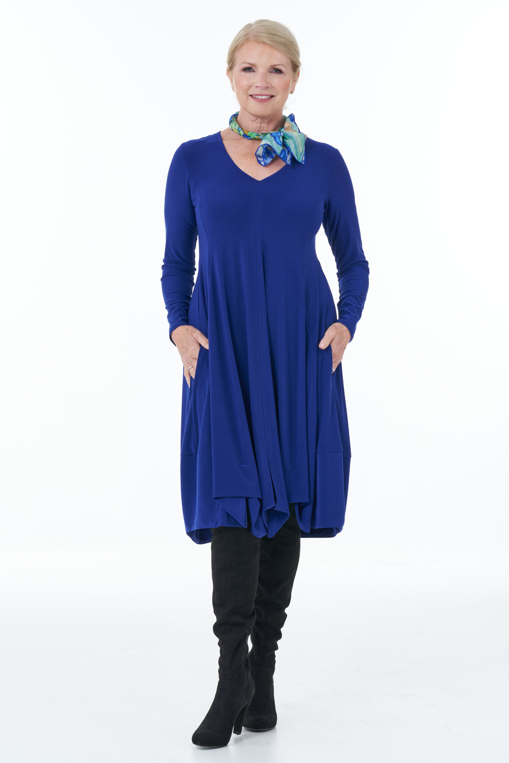 Casual Chic - Long Sleeve Knit Bubble Dress in Royal