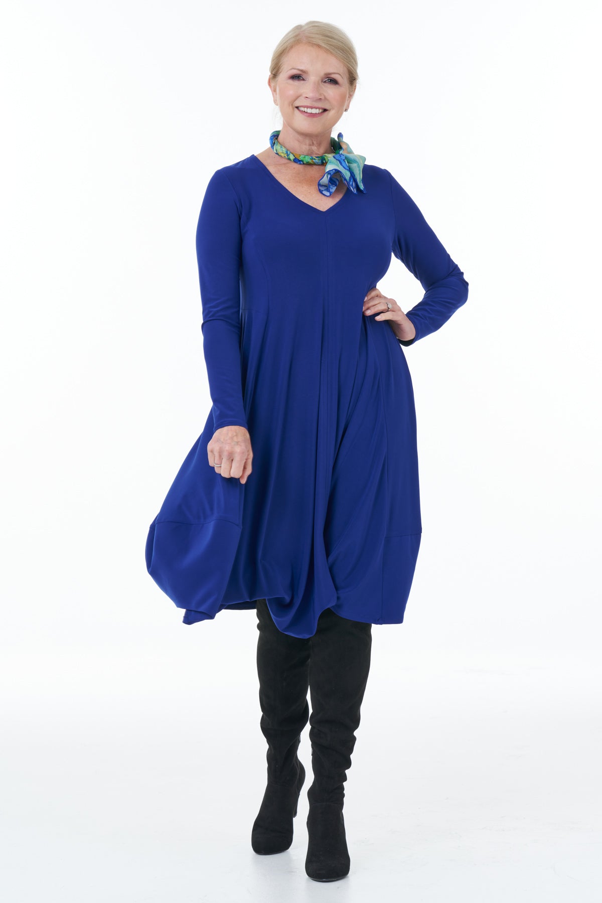 Casual Chic - Long Sleeve Knit Bubble Dress in Royal