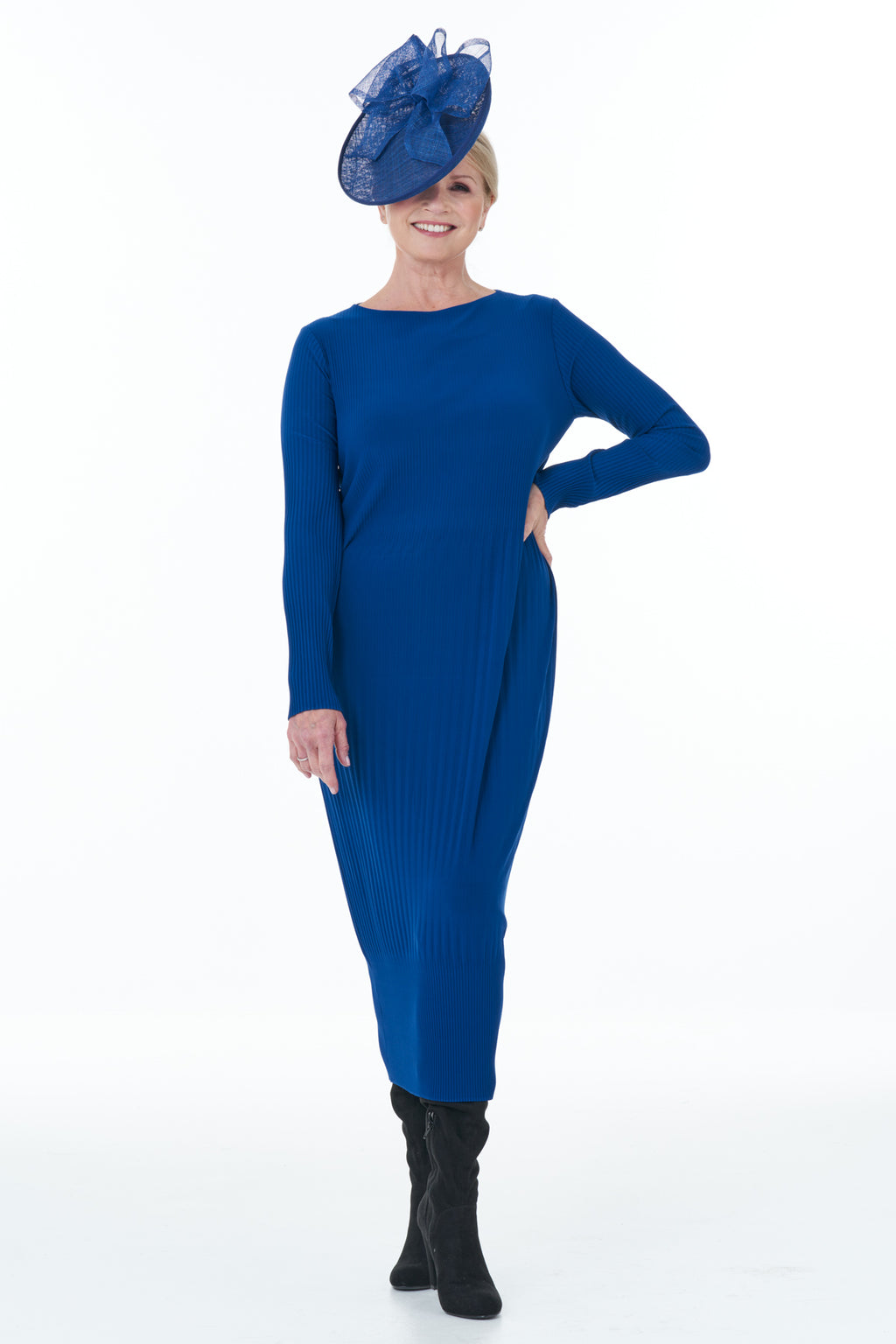 Casual Chic - Long Sleeved Pleated Knit Dress in Royal