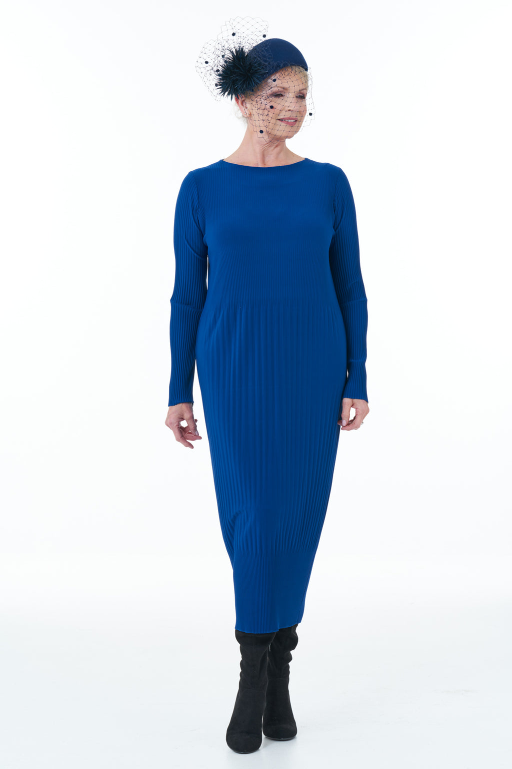 Casual Chic - Long Sleeved Pleated Knit Dress in Royal
