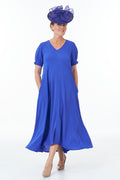 Short Sleeved V-Neck Flared Panel Dress in Royal