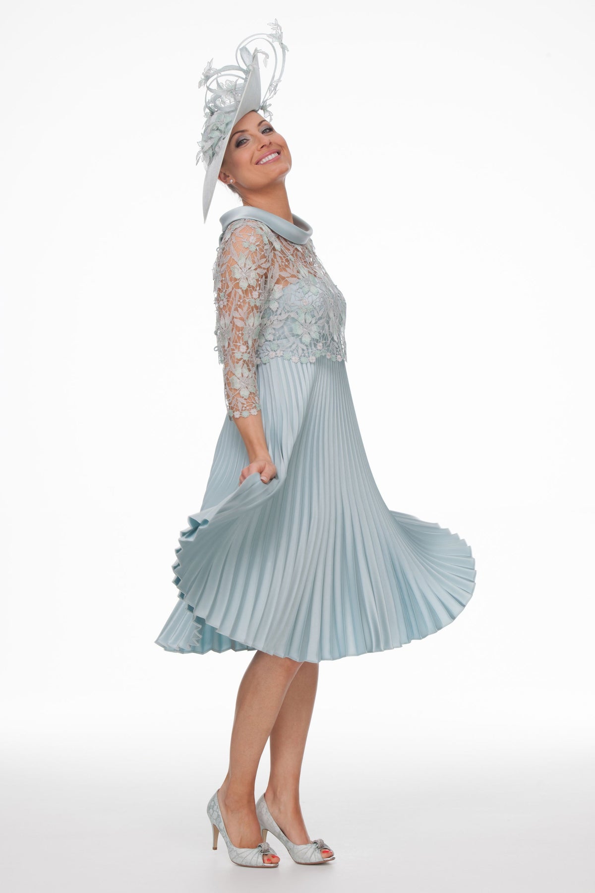 Occasion Wear - Satin Collar Guipure Bodice Pleated Dress