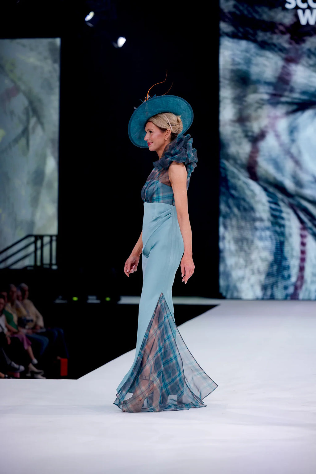 Empire line satin dress with Tartan Organza bodice and godet