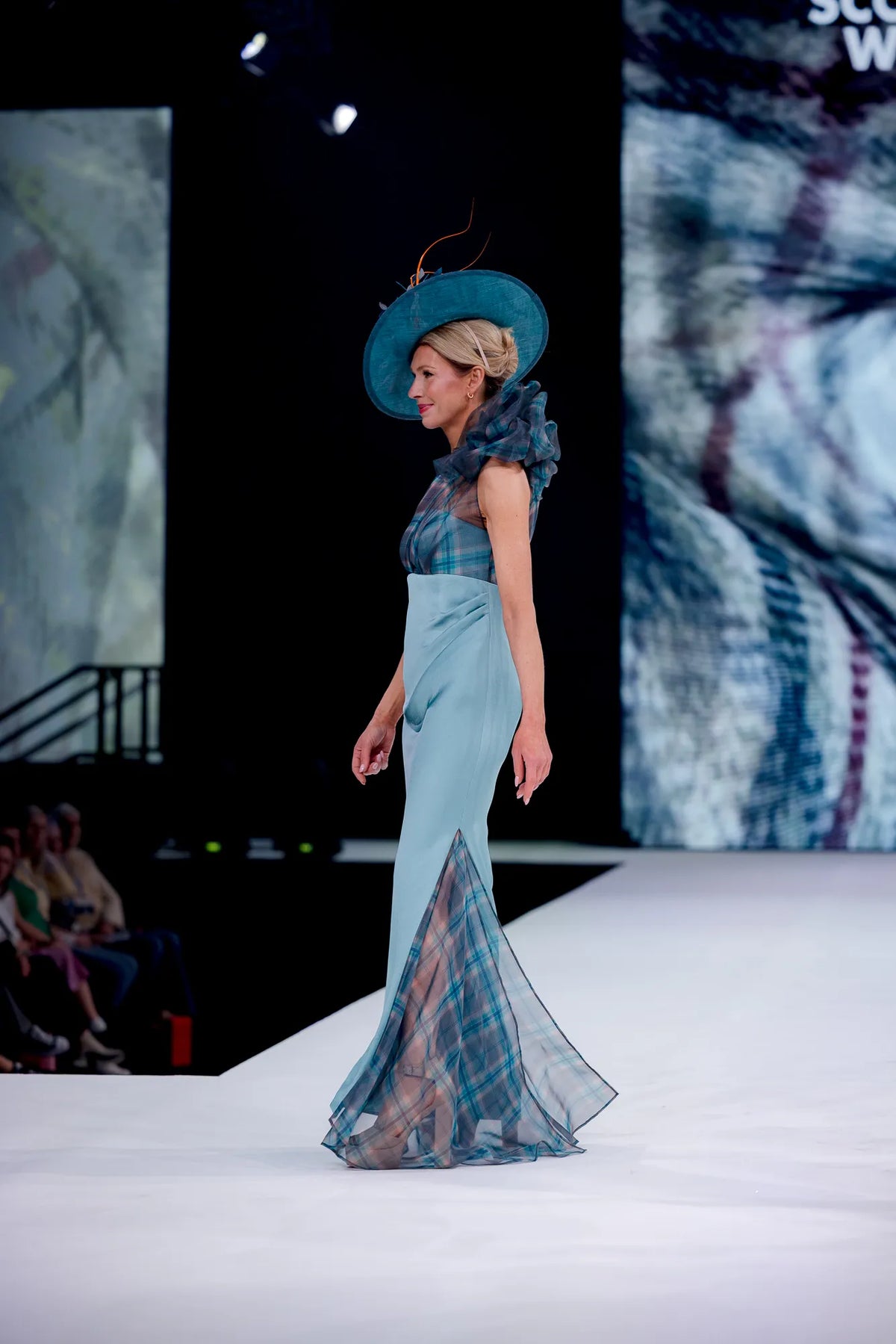 Empire line satin dress with Tartan Organza bodice and godet