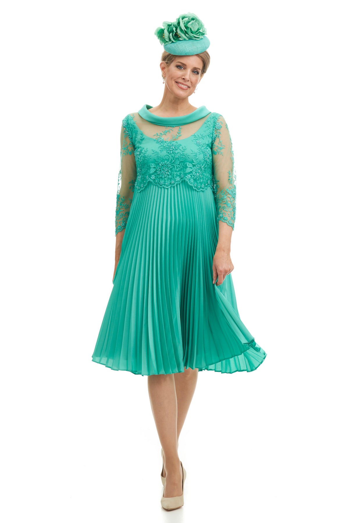 Occasion Wear - Short Sunray Pleat Dress with Cop Lace Bodice