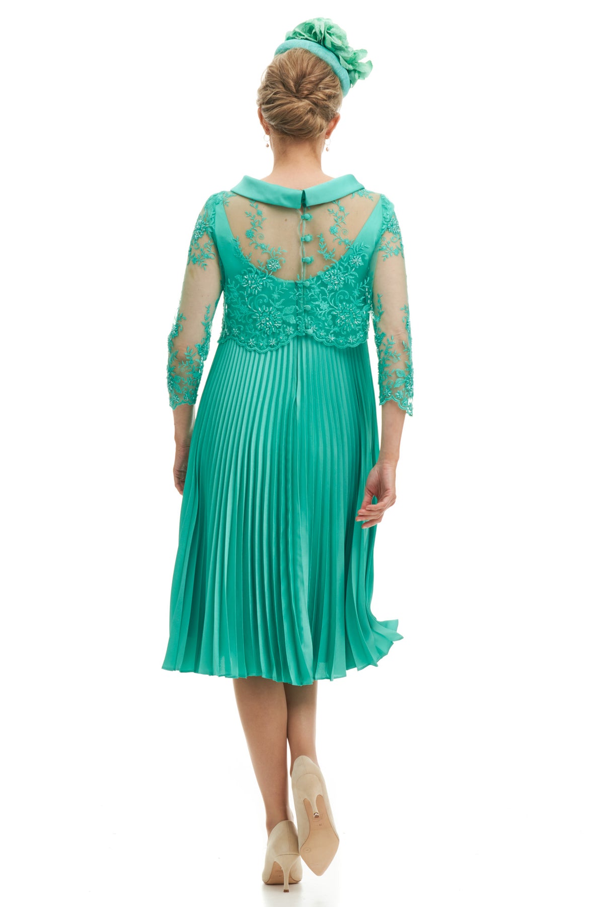 Occasion Wear - Short Sunray Pleat Dress with Cop Lace Bodice