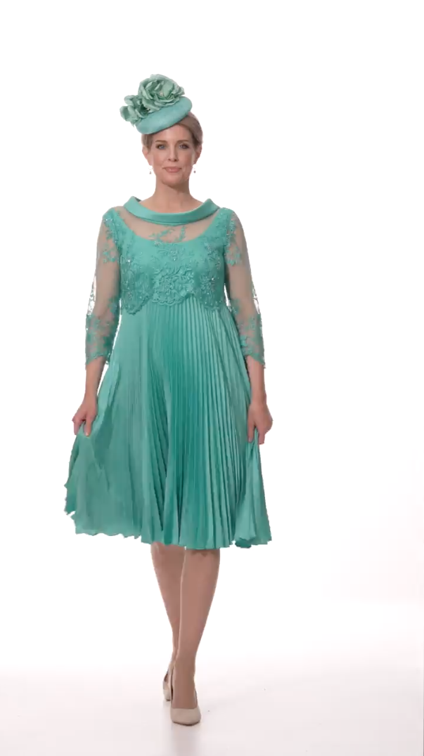 Occasion Wear - Short Sunray Pleat Dress with Cop Lace Bodice