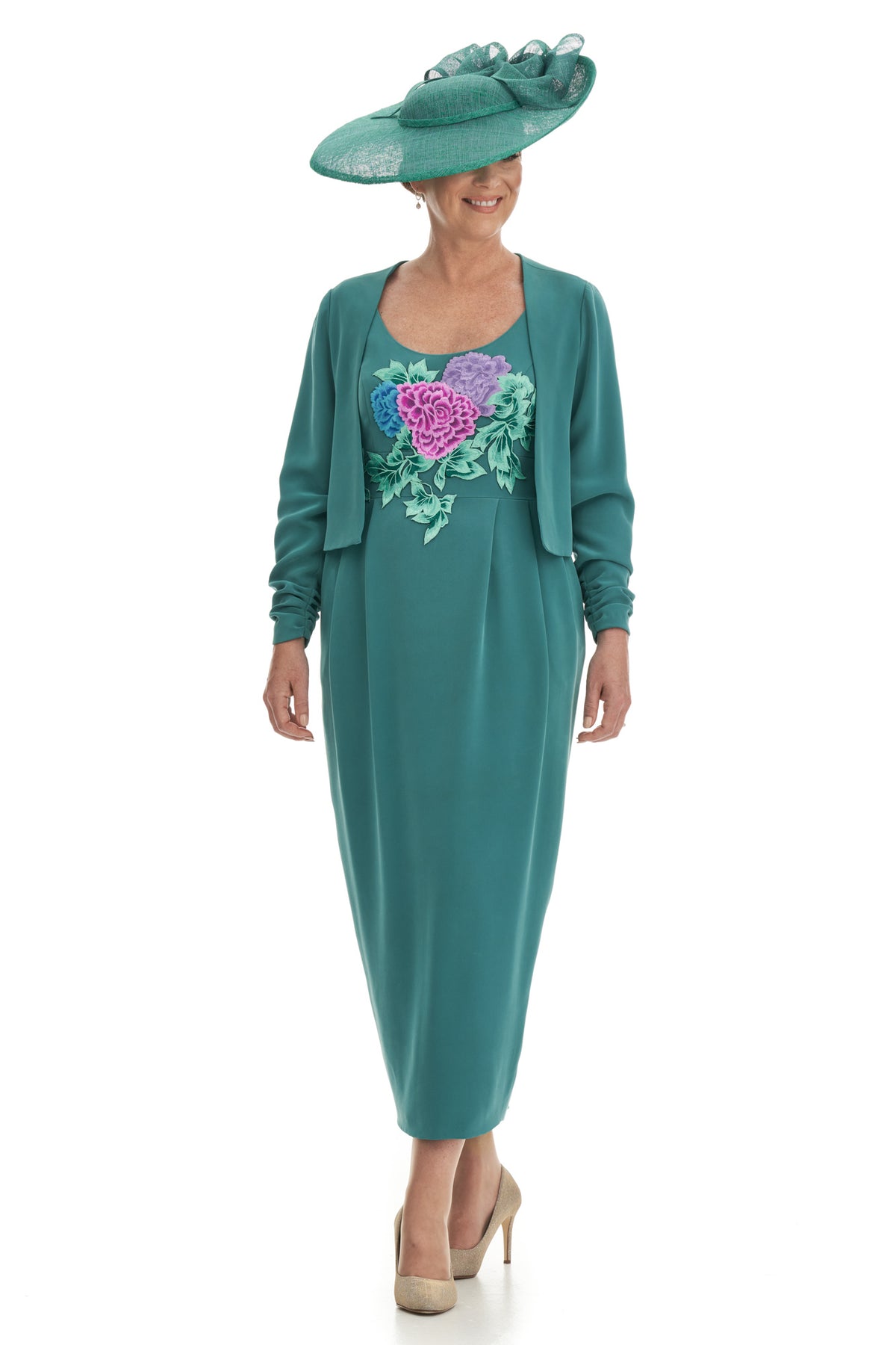 ARCHIVE SALE - Mother of the Bride Silk Embroidered Bodice Dress with Pockets and Crop Jacket