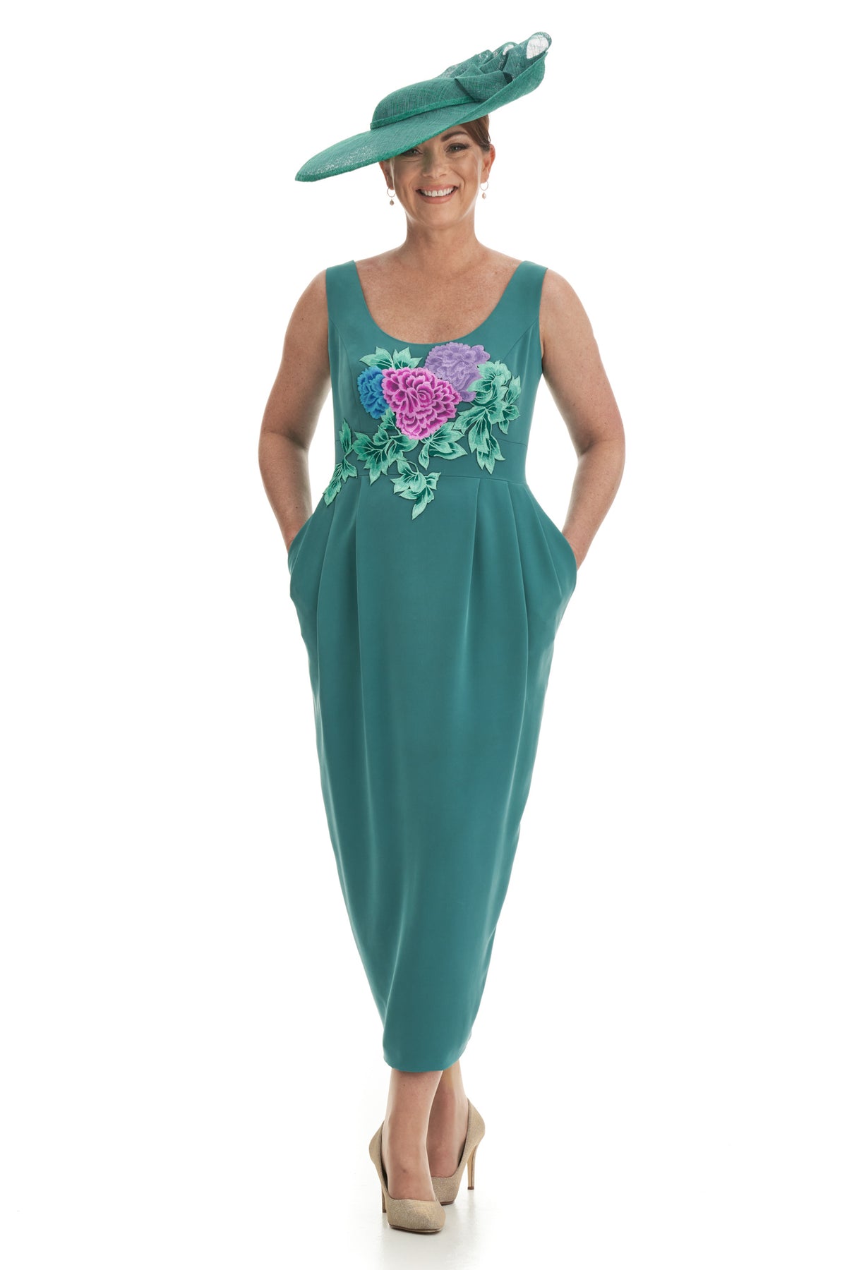 ARCHIVE SALE - Mother of the Bride Silk Embroidered Bodice Dress with Pockets and Crop Jacket