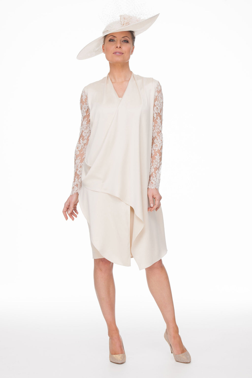 Occasion Wear - Silk Satin Drape Dress with Beaded Lace Sleeves