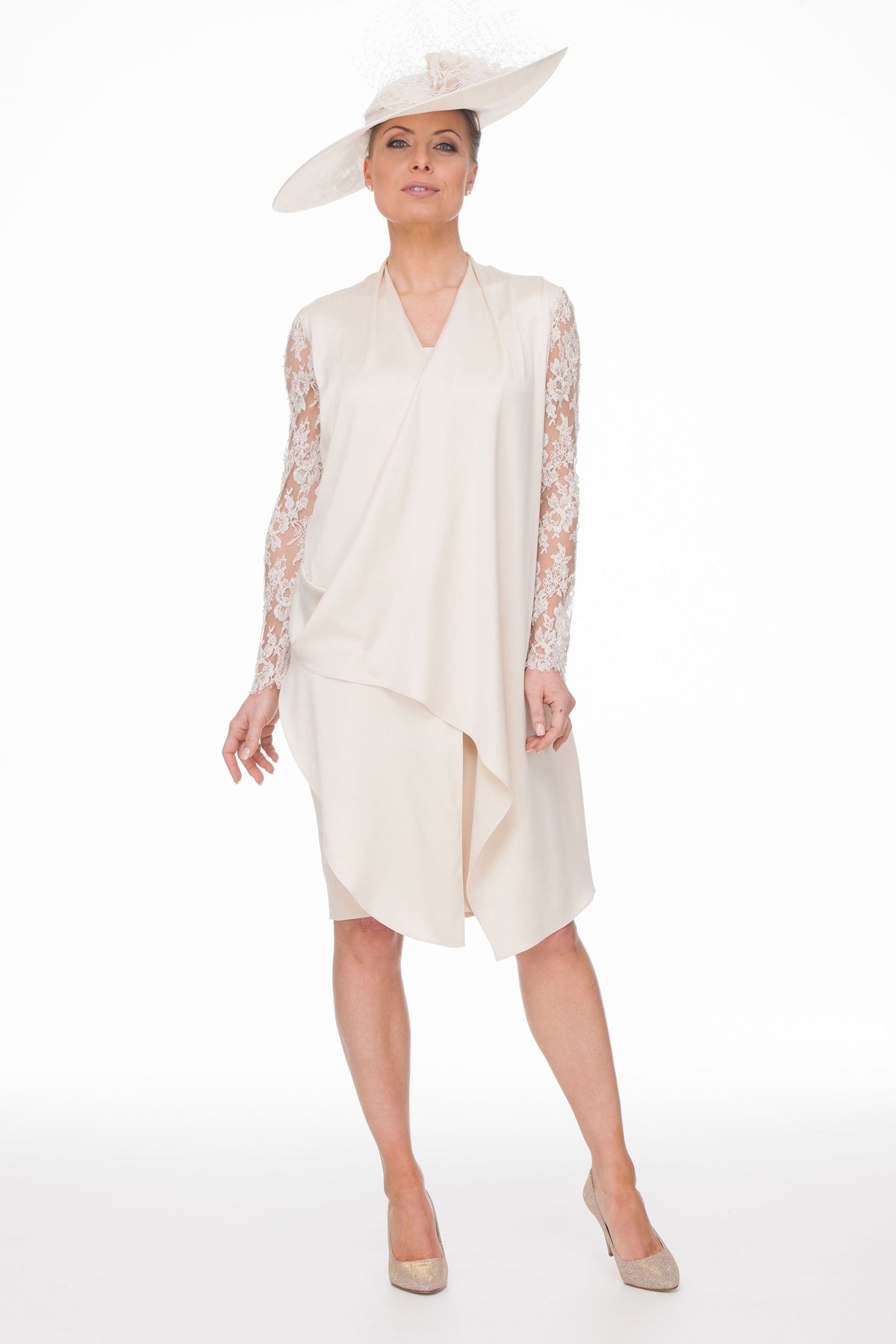 Occasion Wear - Silk Satin Drape Dress with Beaded Lace Sleeves