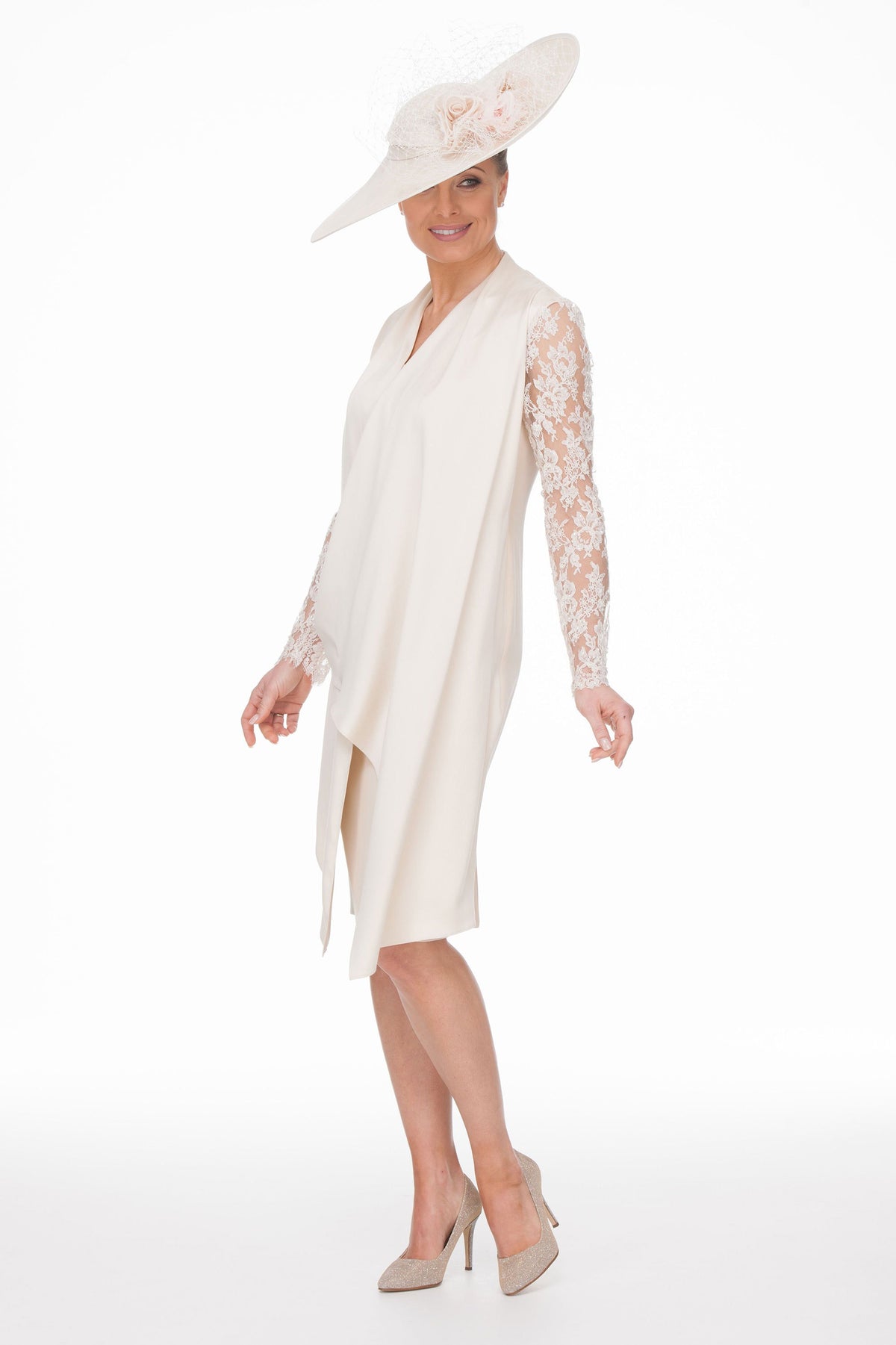 Occasion Wear - Silk Satin Drape Dress with Beaded Lace Sleeves