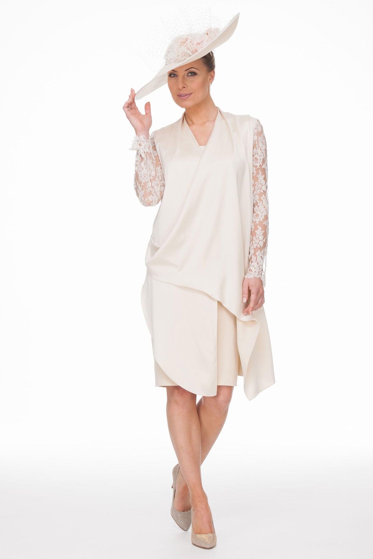 Occasion Wear - Silk Satin Drape Dress with Beaded Lace Sleeves