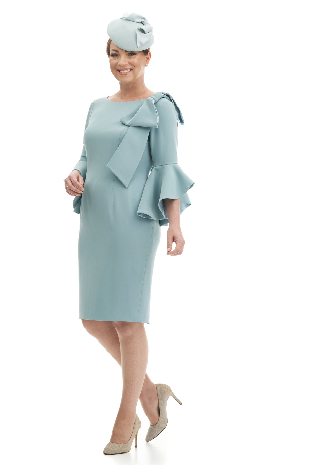 Mother of the Bride or Groom Silk Sheath Dress with Flounce Sleeves and Detachable Bow