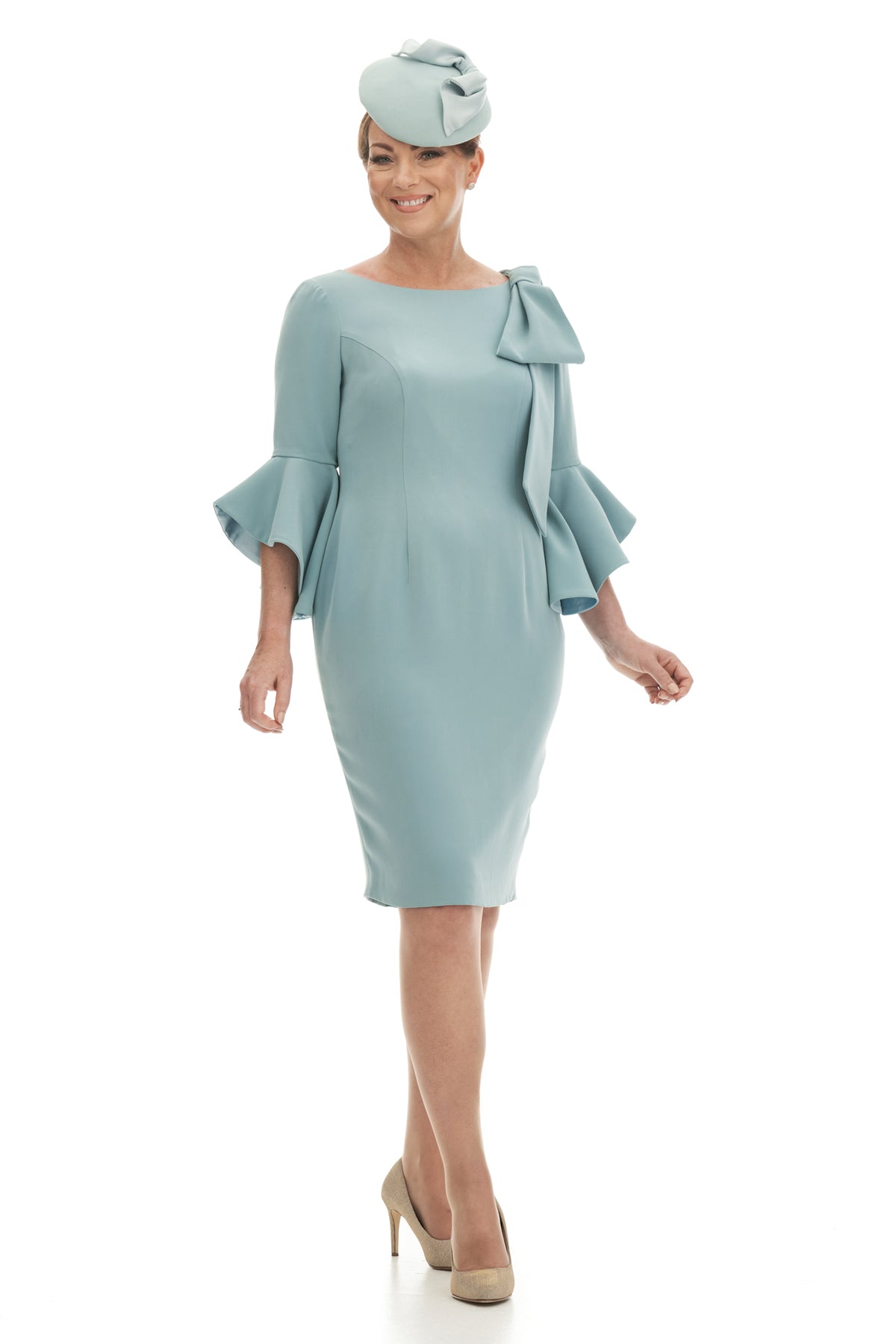 Mother of the Bride or Groom Silk Sheath Dress with Flounce Sleeves and Detachable Bow