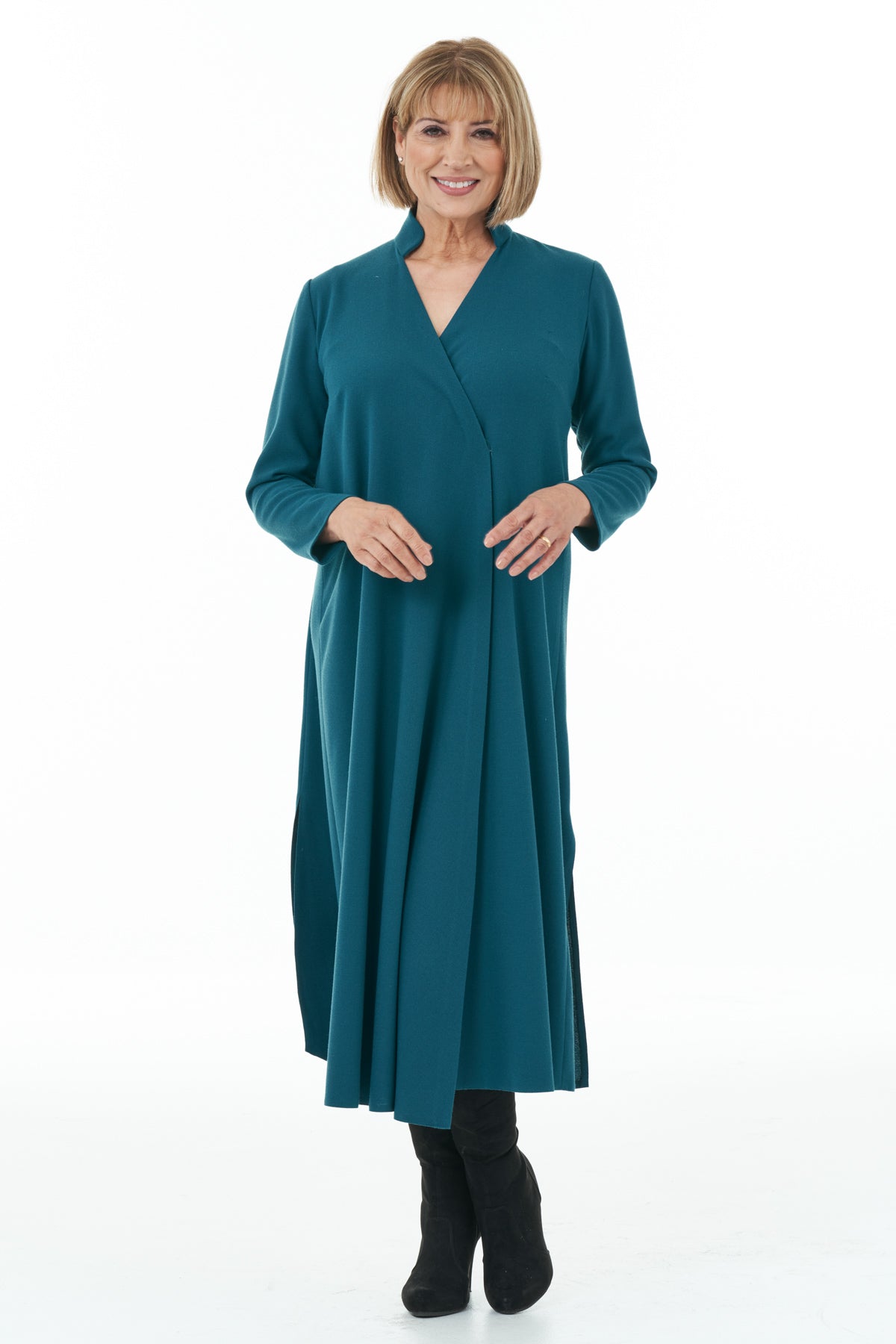 Casual Chic - Stand Collar Wrap Long Dress in Teal