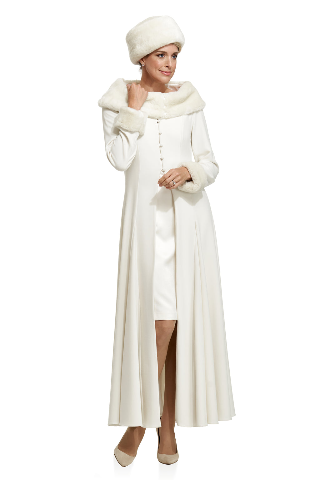 Occasion Wear - Swing Coat with Detachable Fur Collar and Cuffs