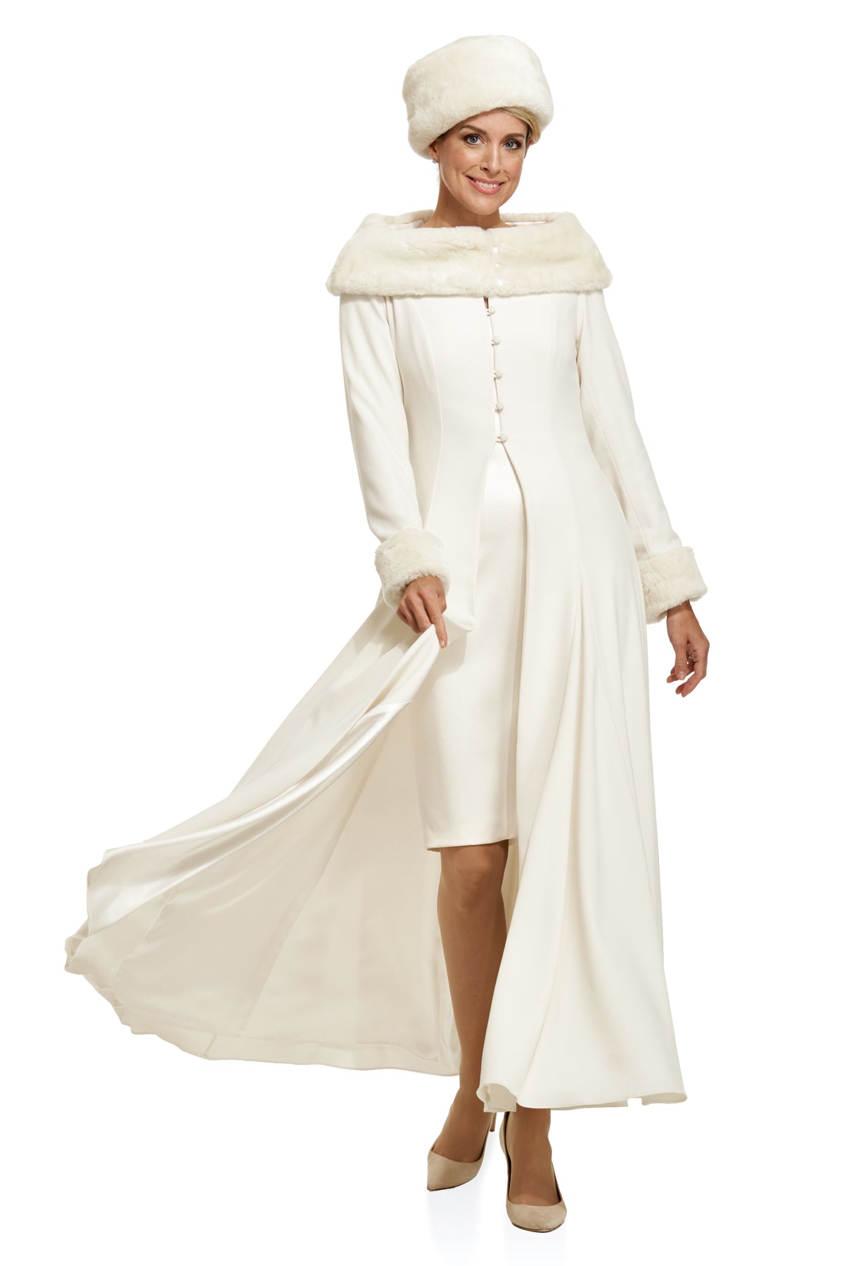 Occasion Wear - Swing Coat with Detachable Fur Collar and Cuffs