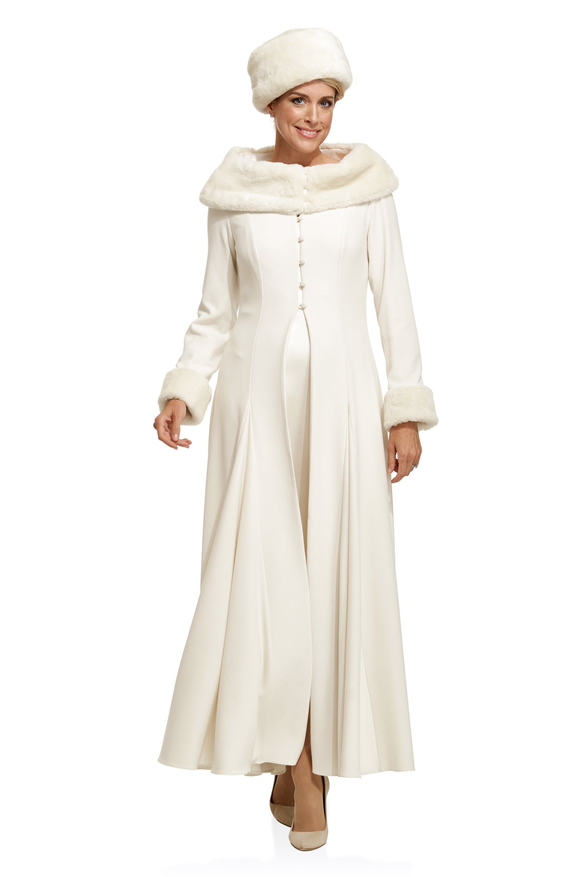 Swing Coat with Detachable Fur Collar and Cuffs