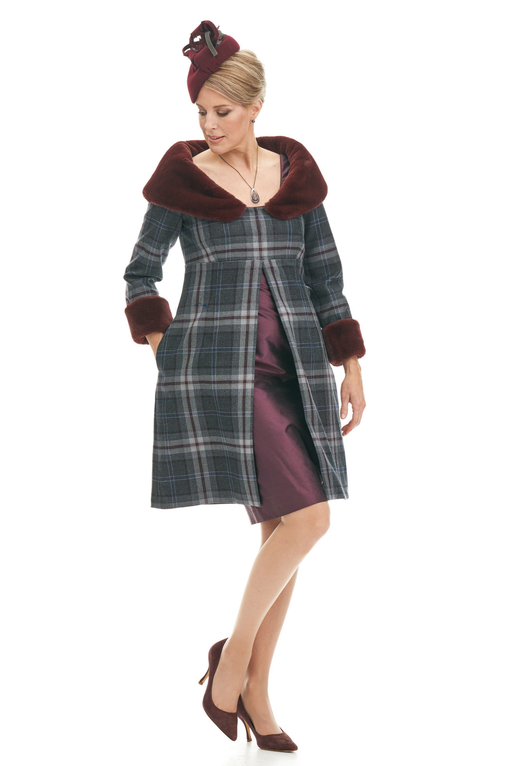 Tartan Wool Coat with Faux Fur Collar and Silk Dress