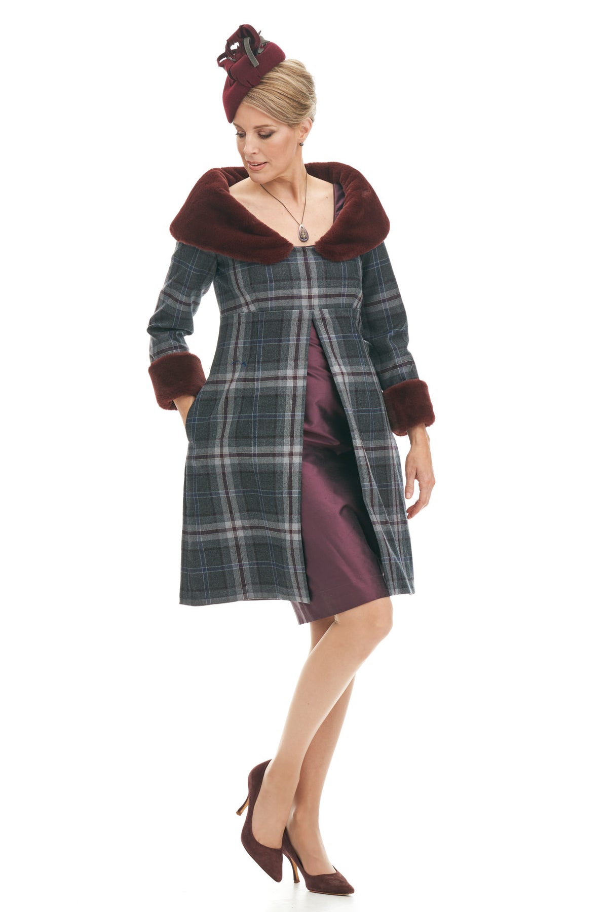 Tartan Wool Coat with Faux Fur Collar and Silk Dress