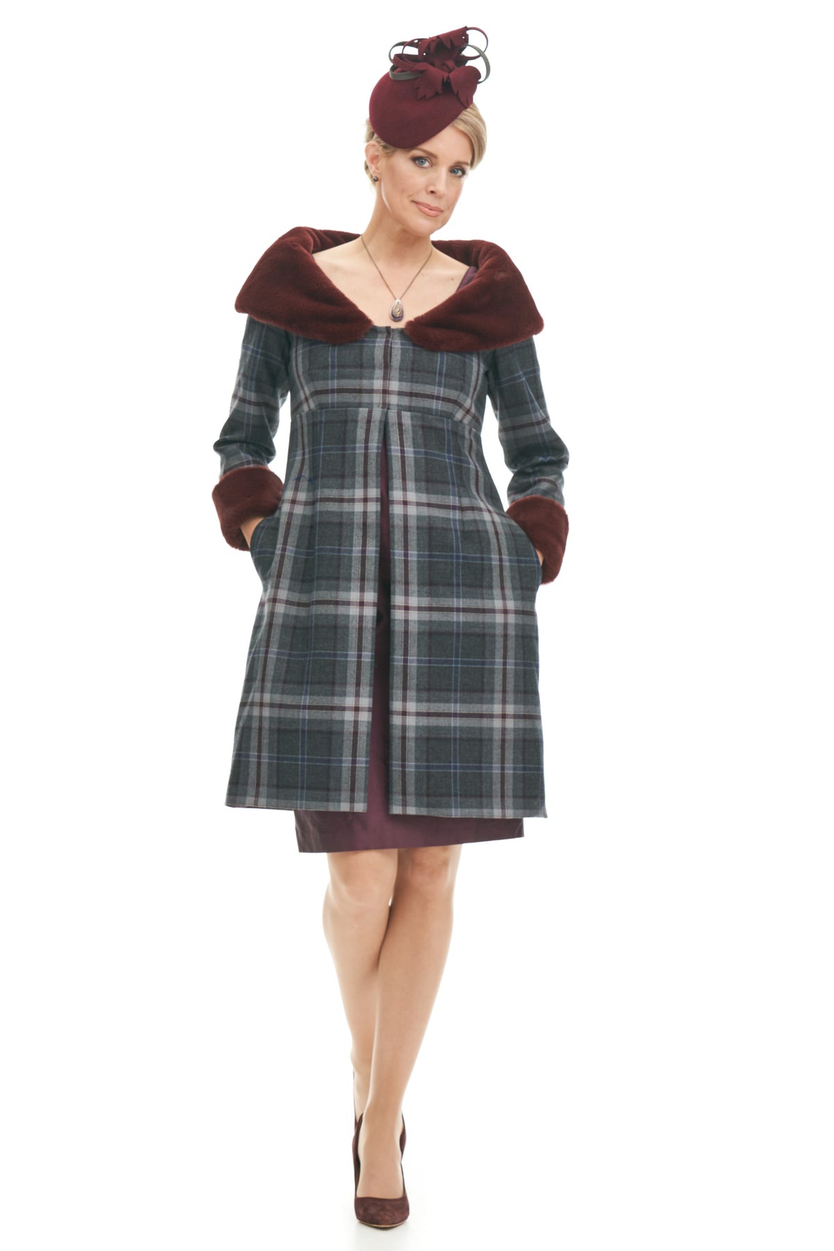 Tartan Wool Coat with Faux Fur Collar and Silk Dress