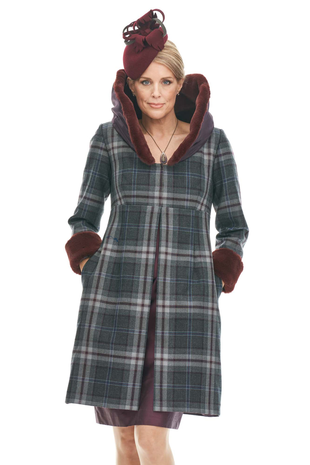 Tartan Wool Coat with Faux Fur Collar and Silk Dress