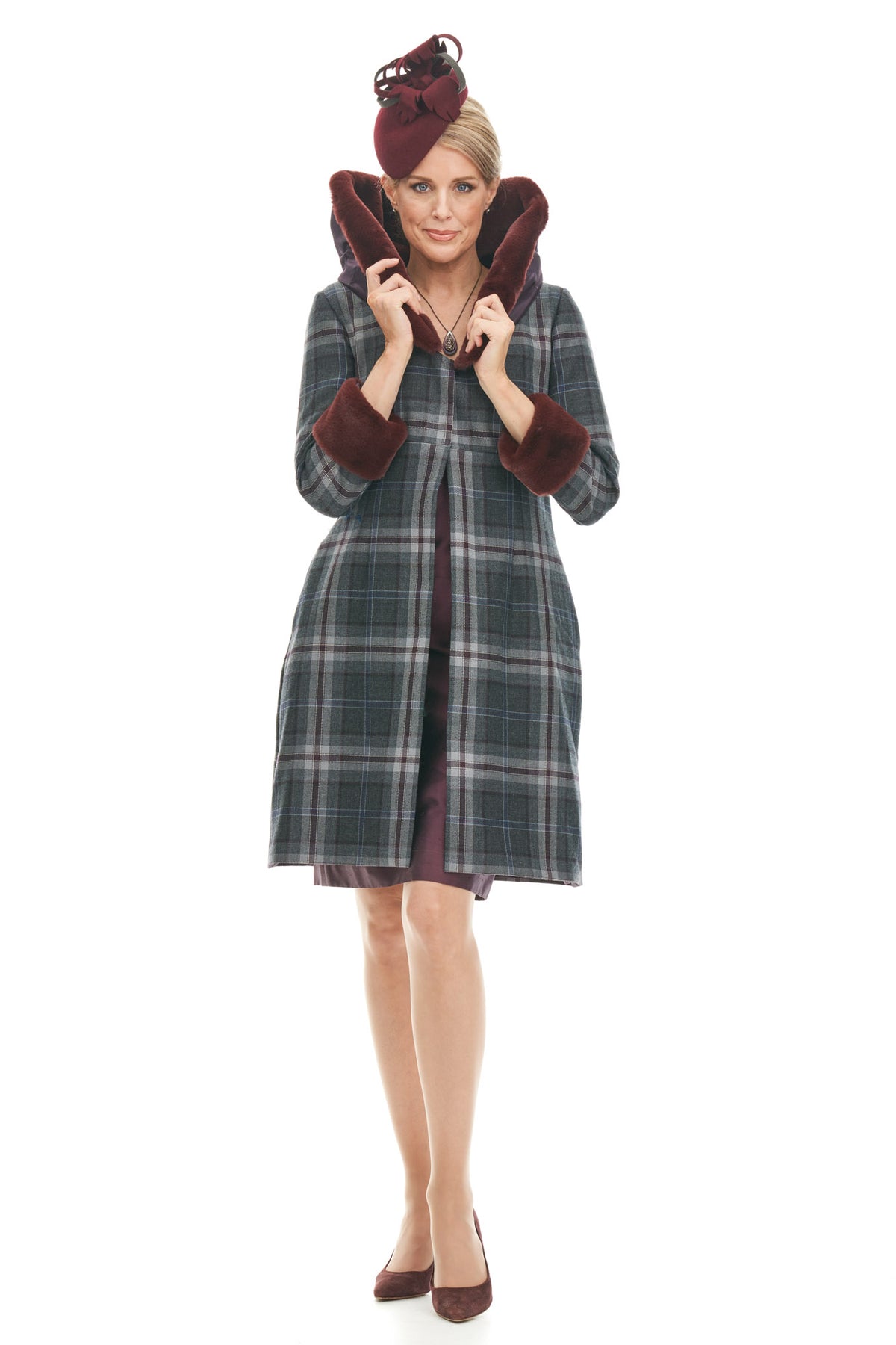 Tartan Wool Coat with Faux Fur Collar and Silk Dress