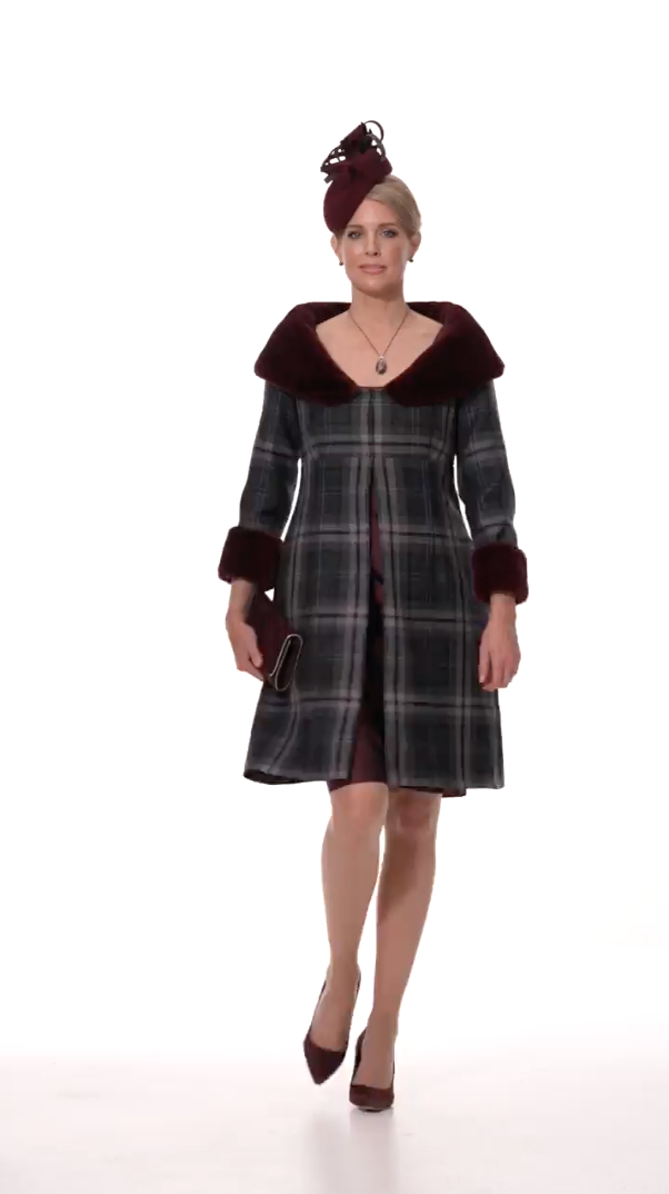 Tartan Wool Coat with Faux Fur Collar and Silk Dress