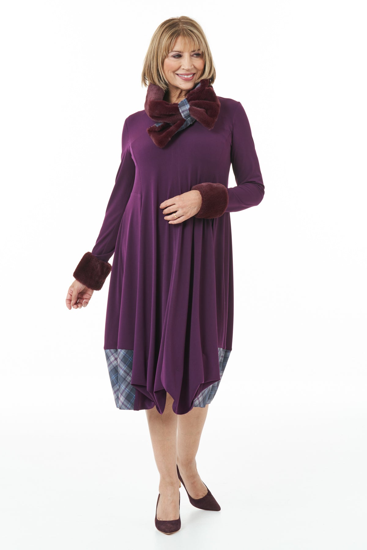 Casual Chic - Long Sleeved knit Bubble Dress with Islay Mist Tartan
