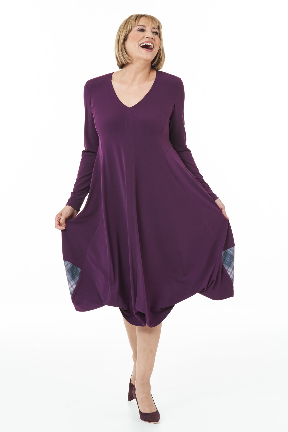 Casual Chic - Long Sleeved knit Bubble Dress with Islay Mist Tartan