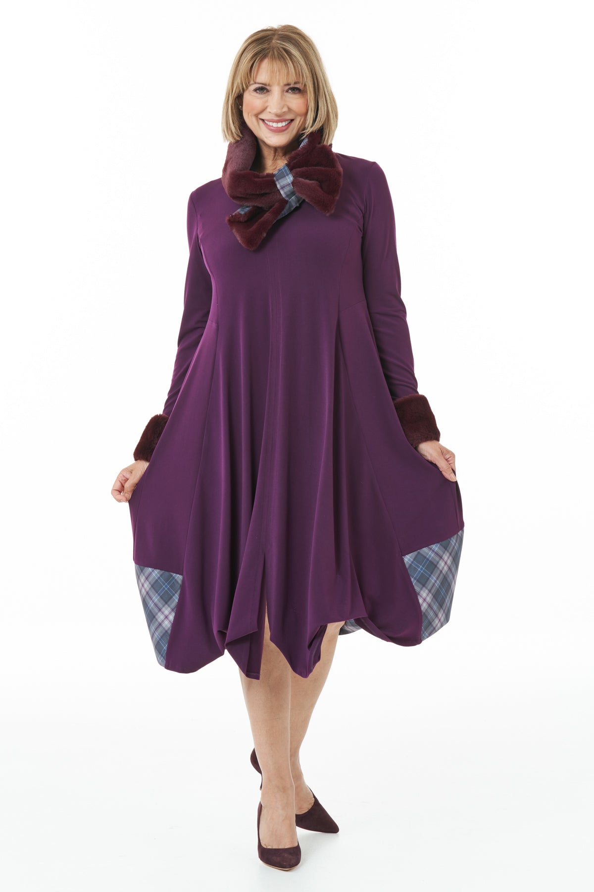Long Sleeve Knit Bubble Dress with Islay Mist Tartan Trim