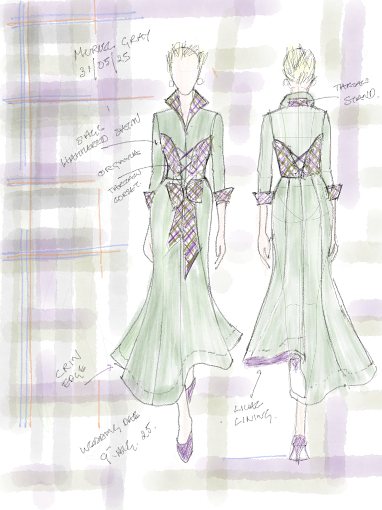 Fashion sketch showing front and back views of a long dress in a pale mint green with purple plaid trim details, annotated with handwritten notes on a watercolor background.