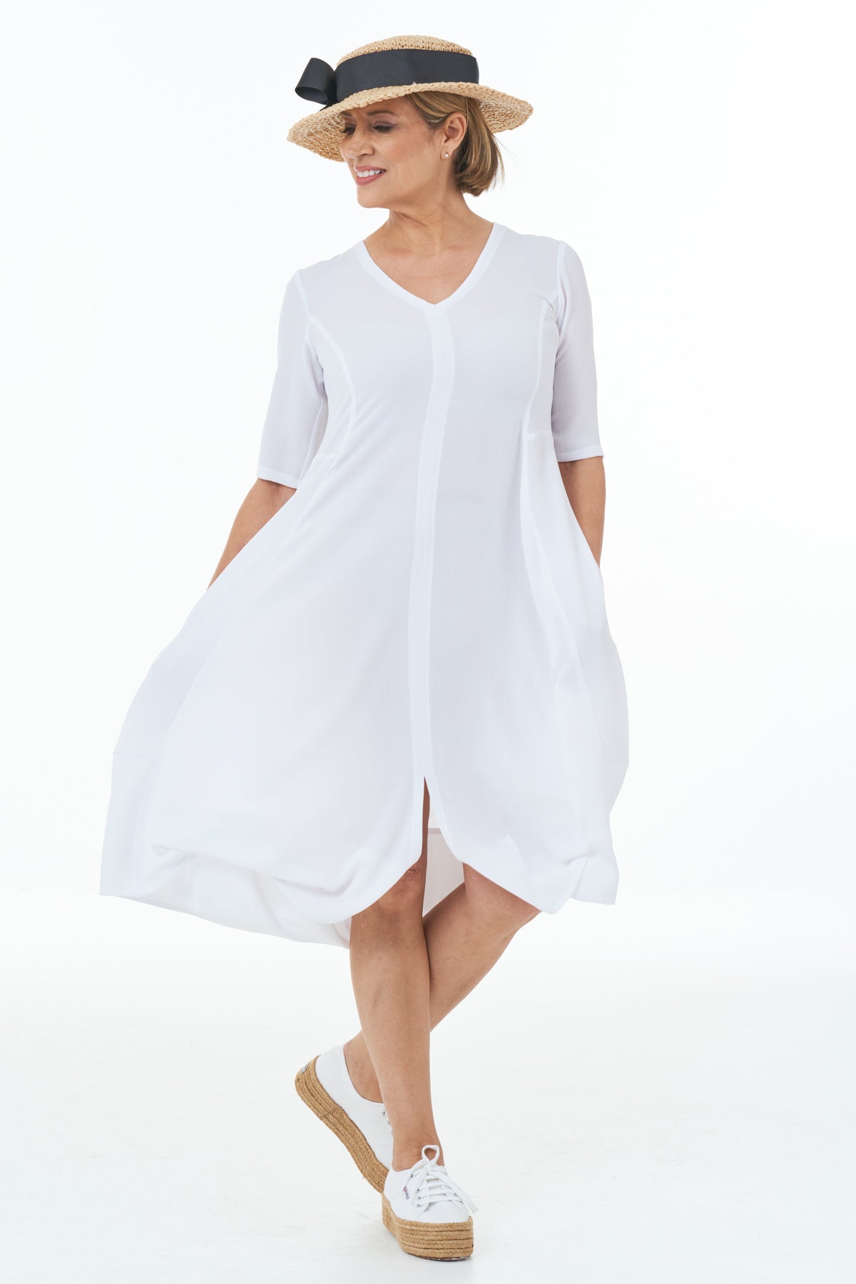 Casual Chic - Short Sleeved Waffle Bubble Dress in White